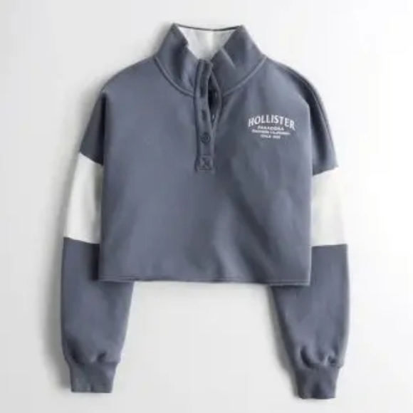 Hollister Blue Gray 3/4 Button Up Cropped Stripe Sweater - Picture 1 of 9